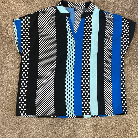 SHEIN Tops - SHEIN Black and Blue Striped Polka Dot Blouse